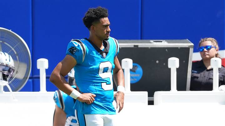Carolina Panthers quarterback Bryce Young (9) looks on from the sidelines Carolina Panthers quarterback Bryce Young (9) looks on from the sidelines