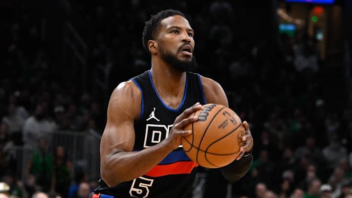 Dec 12, 2024; Boston, Massachusetts, USA;  Detroit Pistons guard Malik Beasley (5) shoots the ball against the Boston Celtics during the first half at TD Garden. Mandatory Credit: Eric Canha-Imagn Images