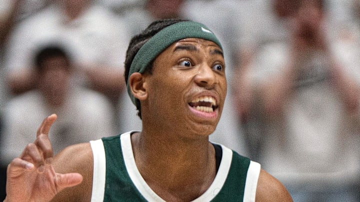 Feb 26, 2026; West Lafayette, Indiana, USA; Michigan State Spartans guard Jeremy Fears Jr. (1) calls a play during the first half of a game against the Purdue Boilermakers at Mackey Arena.