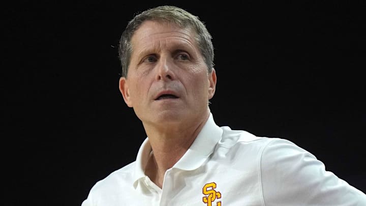 Feb 11, 2025; Los Angeles, California, USA; Southern California Trojans head coach Eric Musselman reacts during the game against the Penn State Nittany Lions at Galen Center. Mandatory Credit: Kirby Lee-Imagn Images Feb 11, 2025; Los Angeles, California, USA; Southern California Trojans head coach Eric Musselman reacts during the game against the Penn State Nittany Lions at Galen Center. Mandatory Credit: Kirby Lee-Imagn Images