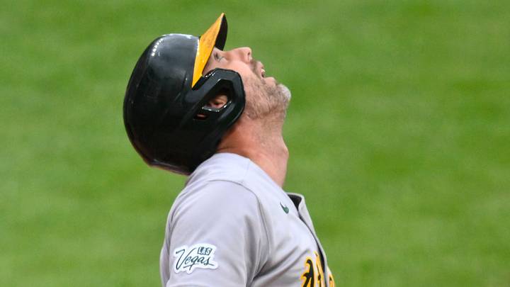 Sep 19, 2026; Cleveland, Ohio, USA; Athletics first baseman Jeff McNeil (22) pops out in the first inning against the Cleveland Guardians at Progressive Field. Mandatory Credit: David Richard-Imagn Images Sep 19, 2026; Cleveland, Ohio, USA; Athletics first baseman Jeff McNeil (22) pops out in the first inning against the Cleveland Guardians at Progressive Field. Mandatory Credit: David Richard-Imagn Images