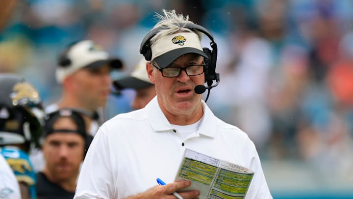 Jacksonville Jaguars head coach Doug Pederson looks on during the fourth quarter of an NFL football matchup Sunday, Oct. 6, 2024 at EverBank Stadium in Jacksonville, Fla. The Jaguars edged the Colts on a field goal 37-34. [Corey Perrine/Florida Times-Union]