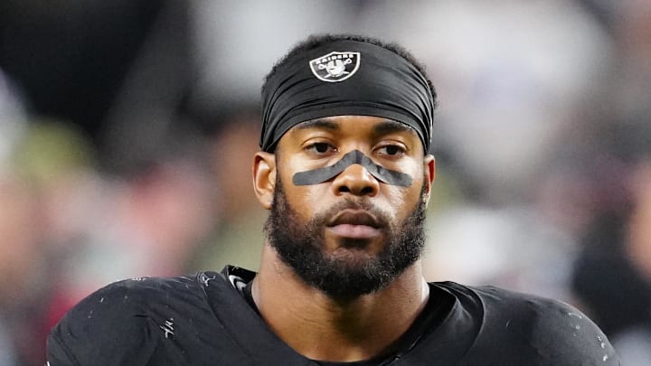 Nov 17, 2025; Paradise, Nevada, USA; Las Vegas Raiders safety Jeremy Chinn (11) reacts after the game against the Dallas Cowboys at Allegiant Stadium. Mandatory Credit: Stephen R. Sylvanie-Imagn Images