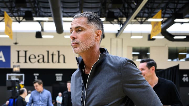 Sep 25, 2025; El Segundo, CA, USA; Los Angeles Lakers general manager Rob Pelinka leaves a press conference to preview the 2025-26 season at UCLA Health Training Center. Mandatory Credit: William Liang-Imagn Images