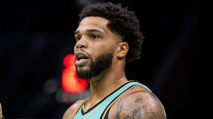 Jan 25, 2025; Charlotte, North Carolina, USA; Charlotte Hornets forward Miles Bridges (0) reacts during the third quarter against the New Orleans Pelicans at Spectrum Center. Mandatory Credit: Scott Kinser-Imagn Images Jan 25, 2025; Charlotte, North Carolina, USA; Charlotte Hornets forward Miles Bridges (0) reacts during the third quarter against the New Orleans Pelicans at Spectrum Center. Mandatory Credit: Scott Kinser-Imagn Images