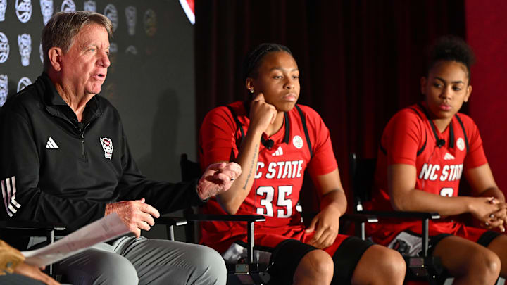 Oct 6, 2025; Charlotte, NC, USA; North Carolina State head coach Wes Moore answers questions from the media at The Hilton Charlotte Uptown. Mandatory Credit: William Howard-Imagn Images