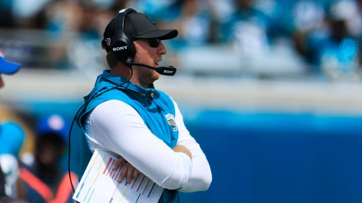 Jacksonville Jaguars head coach Liam Coen looks on during the first quarter of an NFL football matchup at EverBank Stadium, Sunday, Sept. 21, 2025, in Jacksonville, Fla. The Jaguars defeated the Texans 17-10. The Jaguars defeated the Texans 17-10.