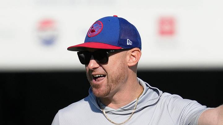 Bills head coach Joe Brady leads the offense through drills during day five of Buffalo Bills training camp at St. John Fisher University Tuesday, August 4, 2026 in Pittsford.