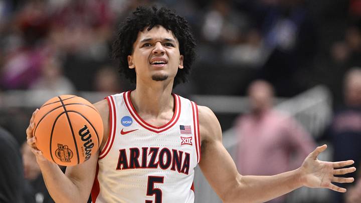 Mar 26, 2026; San Jose, CA, USA; Arizona Wildcats guard Brayden Burries (5) reacts after a play against the Arkansas Razorbacks in the first half during a Sweet Sixteen game of the West Regional of the men's 2026 NCAA Tournament at SAP Center. Mandatory Credit: Eakin Howard-Imagn Images Mar 26, 2026; San Jose, CA, USA; Arizona Wildcats guard Brayden Burries (5) reacts after a play against the Arkansas Razorbacks in the first half during a Sweet Sixteen game of the West Regional of the men's 2026 NCAA Tournament at SAP Center. Mandatory Credit: Eakin Howard-Imagn Images