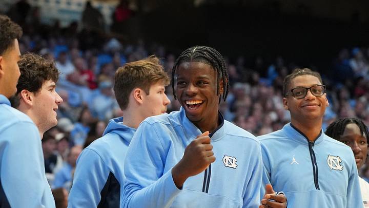 Feb 14, 2026; Chapel Hill, North Carolina, USA; North Carolina Tar Heels forward Caleb Wilson (8) reacts on the bench in the second half at Dean E. Smith Center. Mandatory Credit: Bob Donnan-Imagn Images