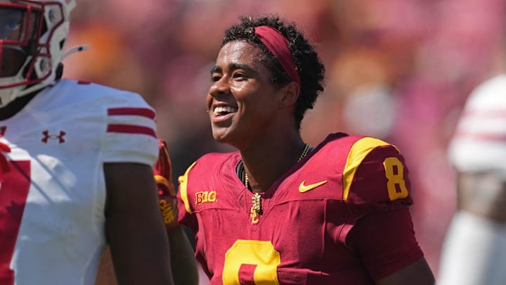 Sep 28, 2024; Los Angeles, California, USA; Southern California Trojans wide receiver Ja'Kobi Lane (8) reacts after a reception against the Wisconsin Badgers in the first half at United Airlines Field at Los Angeles Memorial Coliseum.