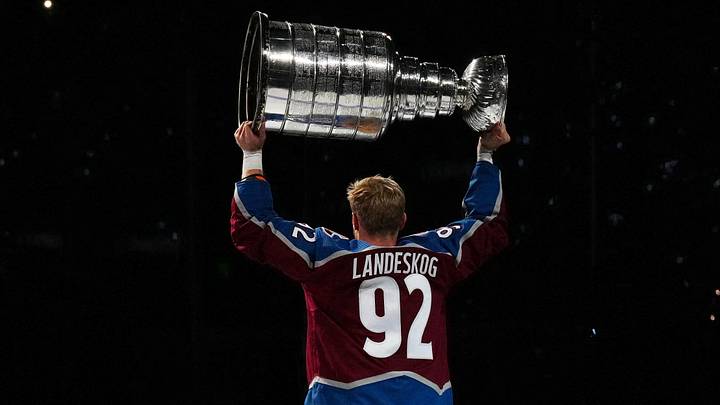 Oct 12, 2022; Denver, Colorado, USA; Colorado Avalanche left wingerGabriel Landeskog (92) skates with the Stanley Cup before the game against the Chicago Blackhawks at Ball Arena. Mandatory Credit: Ron Chenoy-USA TODAY Sports Oct 12, 2022; Denver, Colorado, USA; Colorado Avalanche left wingerGabriel Landeskog (92) skates with the Stanley Cup before the game against the Chicago Blackhawks at Ball Arena. Mandatory Credit: Ron Chenoy-USA TODAY Sports