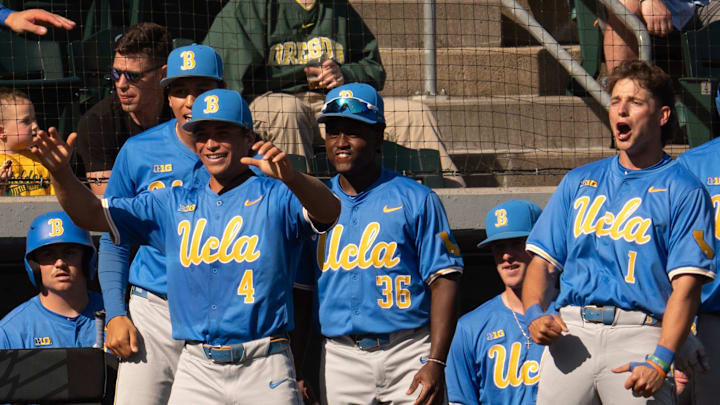 UCLA players celebrates as they break out the bats in the 7th inning to defeat the Oregon Ducks at PK Park in Eugene April 19, 2025