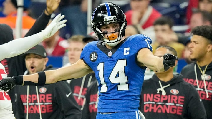 Indianapolis Colts wide receiver Alec Pierce (14) looks for a pass interference call and gets it Monday, Dec. 22, 2025, during a game against the San Francisco 49ers at Lucas Oil Stadium in Indianapolis. Indianapolis Colts wide receiver Alec Pierce (14) looks for a pass interference call and gets it Monday, Dec. 22, 2025, during a game against the San Francisco 49ers at Lucas Oil Stadium in Indianapolis.