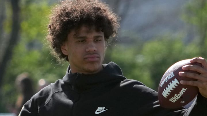 Apr 22, 2026; Pittsburgh, PA, USA; Arizona State Sun Devils receiver Jordyn Tyson during the NFL Draft prospects clinic at Hazelwood Green Park. Mandatory Credit: Kirby Lee-Imagn Images