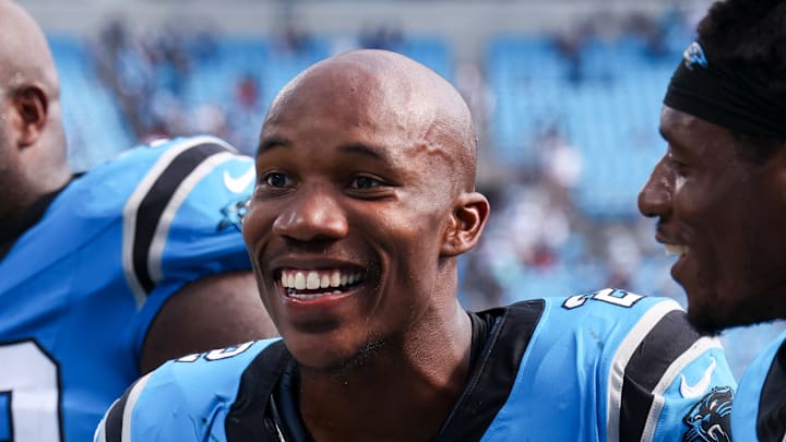 Mike Jackson of the Carolina Panthers smiles