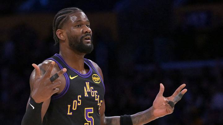 Los Angeles Lakers center Deandre Ayton reacts on the court after a three-point basket by guard Marcus Smart in the first half of Game 2 of the first round of the 2026 NBA Playoffs against the Houston Rockets at Crypto.com Arena.