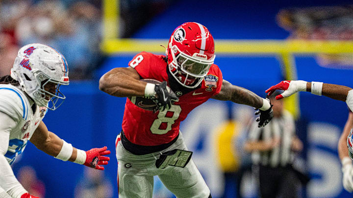Georgia wide receiver Colbie Young (8) carries the ball after coming down with it from a pass during the Sugar Bowl and College Football Playoff quarterfinals at Caesars Superdome in New Orleans, La., on Thursday, Jan. 1, 2026. Ole Miss defeated Georgia 39-34.