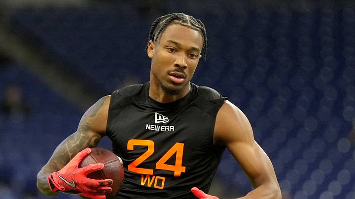 Mar 1, 2025; Indianapolis, IN, USA; Oregon wideout Tez Johnson (WO24) during the 2025 NFL Combine at Lucas Oil Stadium. Mandatory Credit: Kirby Lee-Imagn Images Mar 1, 2025; Indianapolis, IN, USA; Oregon wideout Tez Johnson (WO24) during the 2025 NFL Combine at Lucas Oil Stadium. Mandatory Credit: Kirby Lee-Imagn Images