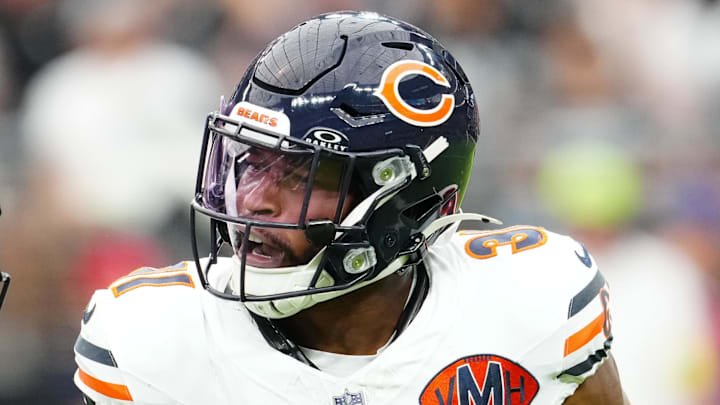 Sep 28, 2025; Paradise, Nevada, USA; Chicago Bears free safety Kevin Byard (31) celebrates during the first quarter against Las Vegas Raiders at Allegiant Stadium. Mandatory Credit: Stephen R. Sylvanie-Imagn Images