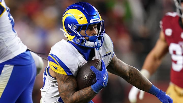 Dec 12, 2024; Santa Clara, California, USA; Los Angeles Rams running back Kyren Williams (23) runs the ball against the San Francisco 49ers in the fourth quarter at Levi's Stadium. Mandatory Credit: Cary Edmondson-Imagn Images