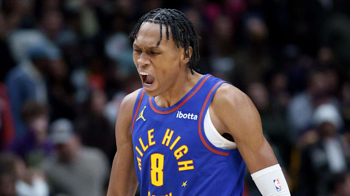 Jan 13, 2026; New Orleans, Louisiana, USA; Denver Nuggets guard Peyton Watson (8) reacts to making a basket against the New Orleans Pelicans during the fourth quarter at Smoothie King Center. Mandatory Credit: Matthew Hinton-Imagn Images