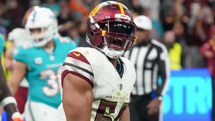 Washington Commanders linebacker Bobby Wagner reacts after a play against the Miami Dolphins. Washington Commanders linebacker Bobby Wagner reacts after a play against the Miami Dolphins.