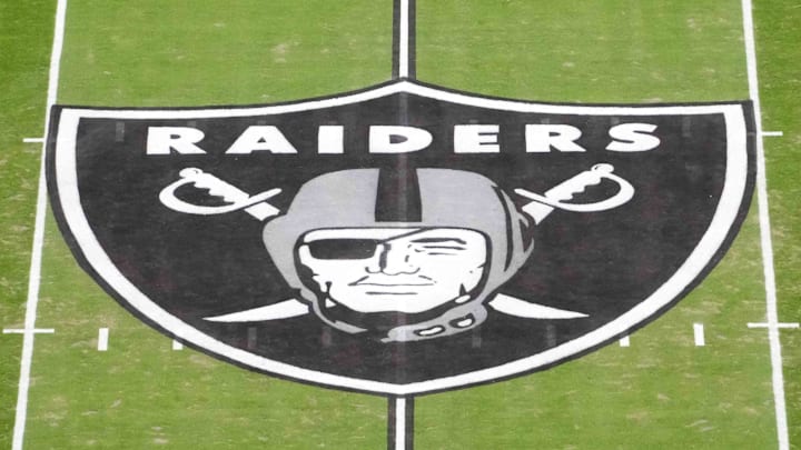Jan 4, 2026; Paradise, Nevada, USA; The Las Vegas Raiders shield logo at midfield at Allegiant Stadium. Mandatory Credit: Kirby Lee-Imagn Images