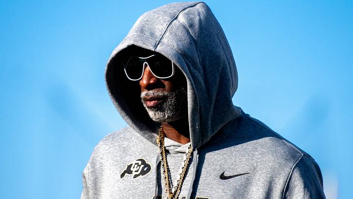 CU football head coach Deion Sanders, or Coach Prime, watches his team warm up before the game against CSU in the Rocky Mountain Showdown at Canvas Stadium on Saturday, Sept. 14, 2024, in Fort Collins, Colo.