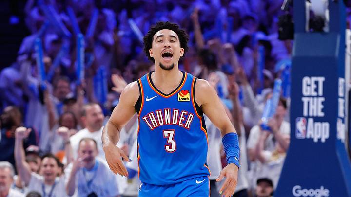 May 20, 2026; Oklahoma City, Oklahoma, USA; Oklahoma City Thunder guard Jared McCain (3) reacts to a play during the fourth quarter against the San Antonio Spurs during game two of the western conference finals for the 2026 NBA playoffs at Paycom Center. Mandatory Credit: Alonzo Adams-Imagn Images May 20, 2026; Oklahoma City, Oklahoma, USA; Oklahoma City Thunder guard Jared McCain (3) reacts to a play during the fourth quarter against the San Antonio Spurs during game two of the western conference finals for the 2026 NBA playoffs at Paycom Center. Mandatory Credit: Alonzo Adams-Imagn Images
