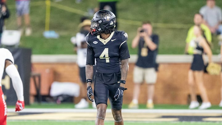Wake Forest Demon Deacons wide receiver Sterling Berkhalter lines up in the first half against North Carolina State