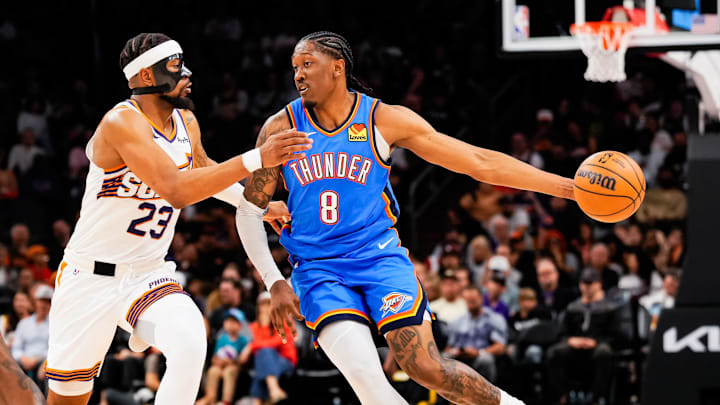 Feb 11, 2026; Phoenix, Arizona, USA; Oklahoma City Thunder guard/forward Jalen Williams (8) dribbles against the Phoenix Suns during the second of the game at Mortgage Matchup Center. Mandatory Credit: Arianna Grainey-Imagn Images Feb 11, 2026; Phoenix, Arizona, USA; Oklahoma City Thunder guard/forward Jalen Williams (8) dribbles against the Phoenix Suns during the second of the game at Mortgage Matchup Center. Mandatory Credit: Arianna Grainey-Imagn Images