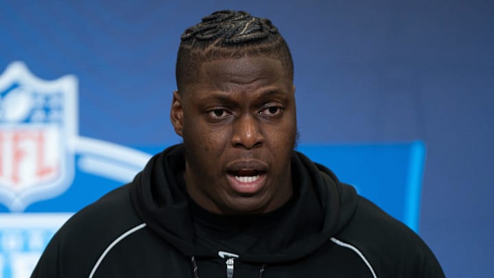 Feb 28, 2026; Indianapolis, IN, USA; Oregon offensive lineman Emmanuel Pregnon (OL40) speaks to members of the media during the NFL Combine at the Indiana Convention Center. 