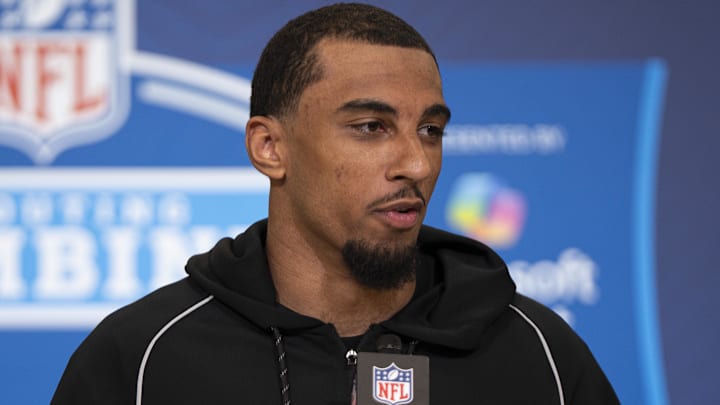 Feb 26, 2026; Indianapolis, IN, USA; Oregon defensive back Jadon Canady (DB03) speaks to members of the media during the NFL Combine at the Indiana Convention Center. Mandatory Credit: Jacob Musselman-Imagn Images Feb 26, 2026; Indianapolis, IN, USA; Oregon defensive back Jadon Canady (DB03) speaks to members of the media during the NFL Combine at the Indiana Convention Center. Mandatory Credit: Jacob Musselman-Imagn Images