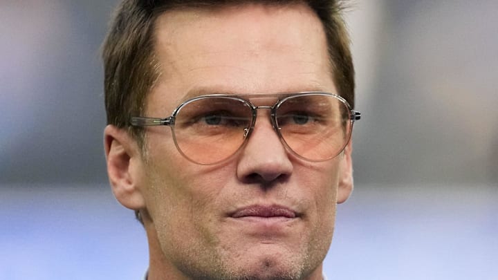 Dec 14, 2025; Inglewood, California, USA; Fox broadcaster Tom Brady is seen prior to the game between the Detroit Lions and the Los Angeles Rams at SoFi Stadium. Mandatory Credit: Kirby Lee-Imagn Images