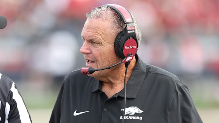 Arkansas Razorbacks coach Sam Pittman talks to an official during the first quarter against the Arkansas State Red Wolves at War Memorial Stadium.