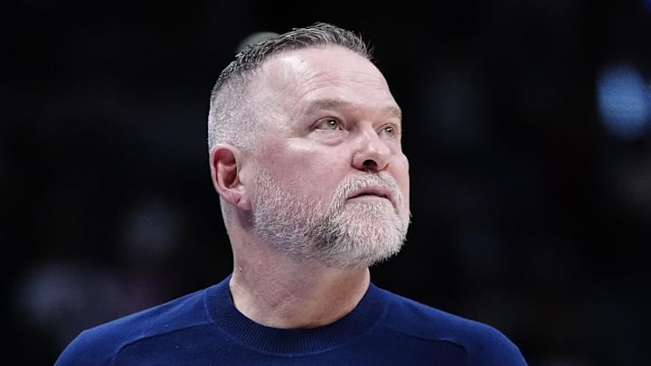 Mar 28, 2025; Denver, Colorado, USA; Denver Nuggets head coach Michael Malone during the second quarter against the Utah Jazz at Ball Arena. Mandatory Credit: Ron Chenoy-Imagn Images