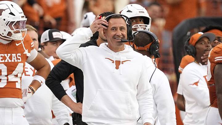 Texas Longhorns head coach Steve Sarkisian reacts after a review does not go his way in the second half against the Vanderbilt Commodores at Darrell K Royal-Texas