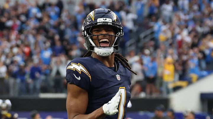 Dec 27, 2025; Inglewood, California, USA;  Los Angeles Chargers wide receiver Quentin Johnston (1) reacts after making a 60-yard reception against the Houston Texans during the first half at SoFi Stadium. Mandatory Credit: Kiyoshi Mio-Imagn Images