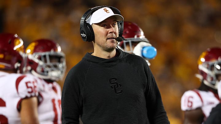 Oct 5, 2024; Minneapolis, Minnesota, USA; USC Trojans head coach Lincoln Riley looks on during the second half against the Minnesota Golden Gophers at Huntington Bank Stadium. Mandatory Credit: Matt Krohn-Imagn Images