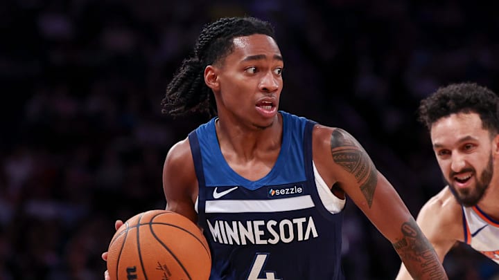 Oct 13, 2024; New York, New York, USA; Minnesota Timberwolves guard Rob Dillingham (4) dribbles up court in front of New York Knicks guard Landry Shamet (44) during the second half at Madison Square Garden. Mandatory Credit: Vincent Carchietta-Imagn Images Oct 13, 2024; New York, New York, USA; Minnesota Timberwolves guard Rob Dillingham (4) dribbles up court in front of New York Knicks guard Landry Shamet (44) during the second half at Madison Square Garden. Mandatory Credit: Vincent Carchietta-Imagn Images