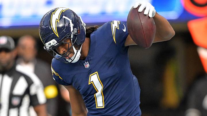 Nov 30, 2025; Inglewood, California, USA; Los Angeles Chargers wide receiver Quentin Johnston (1) reacts after scoring a touchdown against the Las Vegas Raiders during the first half at SoFi Stadium. Mandatory Credit: Jayne Kamin-Oncea-Imagn Images
