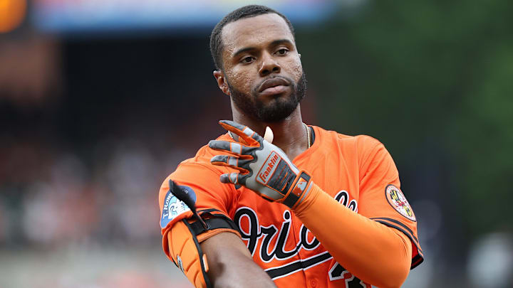 Jul 12, 2025; Baltimore, Maryland, USA; Baltimore Orioles outfielder Cedric Mullins (31) looks on during the seventh inning against the Miami Marlins at Oriole Park at Camden Yards. Mandatory Credit: Daniel Kucin Jr.-Imagn Images