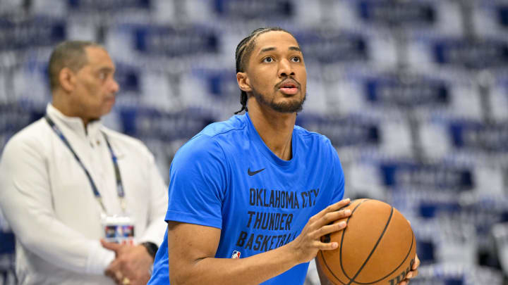 May 13, 2024; Dallas, Texas, USA; Oklahoma City Thunder guard Aaron Wiggins (21) warms up before the game between the Dallas Mavericks and the Oklahoma City Thunder in game four of the second round for the 2024 NBA playoffs at American Airlines Center. Mandatory Credit: Jerome Miron-USA TODAY Sports May 13, 2024; Dallas, Texas, USA; Oklahoma City Thunder guard Aaron Wiggins (21) warms up before the game between the Dallas Mavericks and the Oklahoma City Thunder in game four of the second round for the 2024 NBA playoffs at American Airlines Center. Mandatory Credit: Jerome Miron-USA TODAY Sports