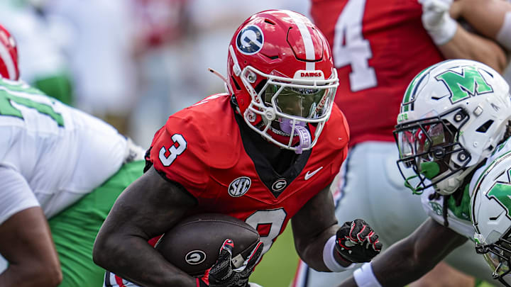Aug 30, 2025; Athens, Georgia, USA; Georgia Bulldogs running back Nate Frazier (3) runs against the Marshall Thundering Herd during the first quarter at Sanford Stadium. Mandatory Credit: Dale Zanine-Imagn Images