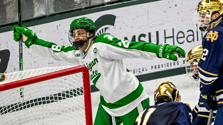 Michigan State's Gavin O'Connell celebrates what he thought was a goal against Notre Dame during the second period on Thursday, Feb. 19, 2026, at the Munn Ice Arena in East Lansing. The goal was called off. Michigan State's Gavin O'Connell celebrates what he thought was a goal against Notre Dame during the second period on Thursday, Feb. 19, 2026, at the Munn Ice Arena in East Lansing. The goal was called off.