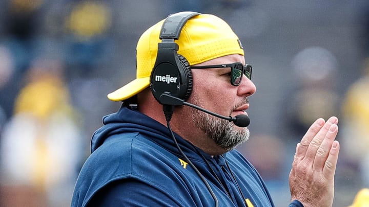 Michigan defensive line coach Lou Esposito watches a play during the second half of the spring game at Michigan Stadium in Ann Arbor on Saturday, April 20, 2024.