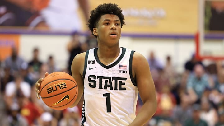 Nov 25, 2024; Lahaina, Hawaii, USA; Michigan State Spartans guard Jeremy Fears Jr. (1) in action against the Colorado Buffaloes in the second half of an NCAA college basketball game at Lahaina Civic Center. Mandatory Credit: Marco Garcia-Imagn Images Nov 25, 2024; Lahaina, Hawaii, USA; Michigan State Spartans guard Jeremy Fears Jr. (1) in action against the Colorado Buffaloes in the second half of an NCAA college basketball game at Lahaina Civic Center. Mandatory Credit: Marco Garcia-Imagn Images