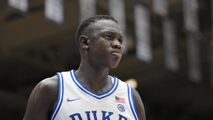 Feb 15, 2025; Durham, North Carolina, USA;  Duke Blue Devils center Khaman Maluach (9) reacting after dunking against the Stanford Cardinal during the second half at Cameron Indoor Stadium. Blue Devils won 106-70. Mandatory Credit: Zachary Taft-Imagn Images