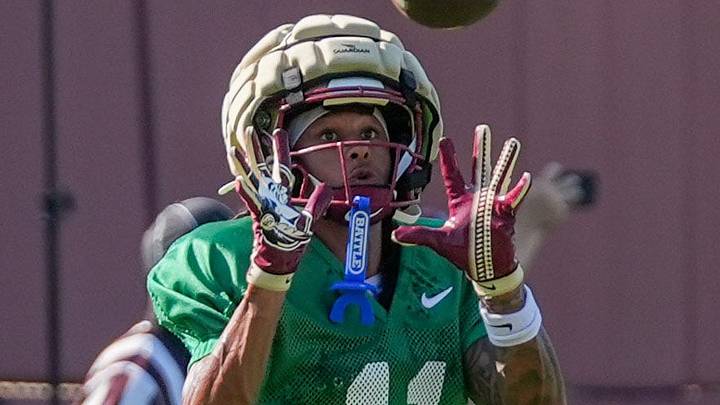 The Florida State Seminole Devin Carter (11) puts in work on the field with the first home game just a few weeks away, Thursday, Aug. 13, 2026. The Florida State Seminole Devin Carter (11) puts in work on the field with the first home game just a few weeks away, Thursday, Aug. 13, 2026.